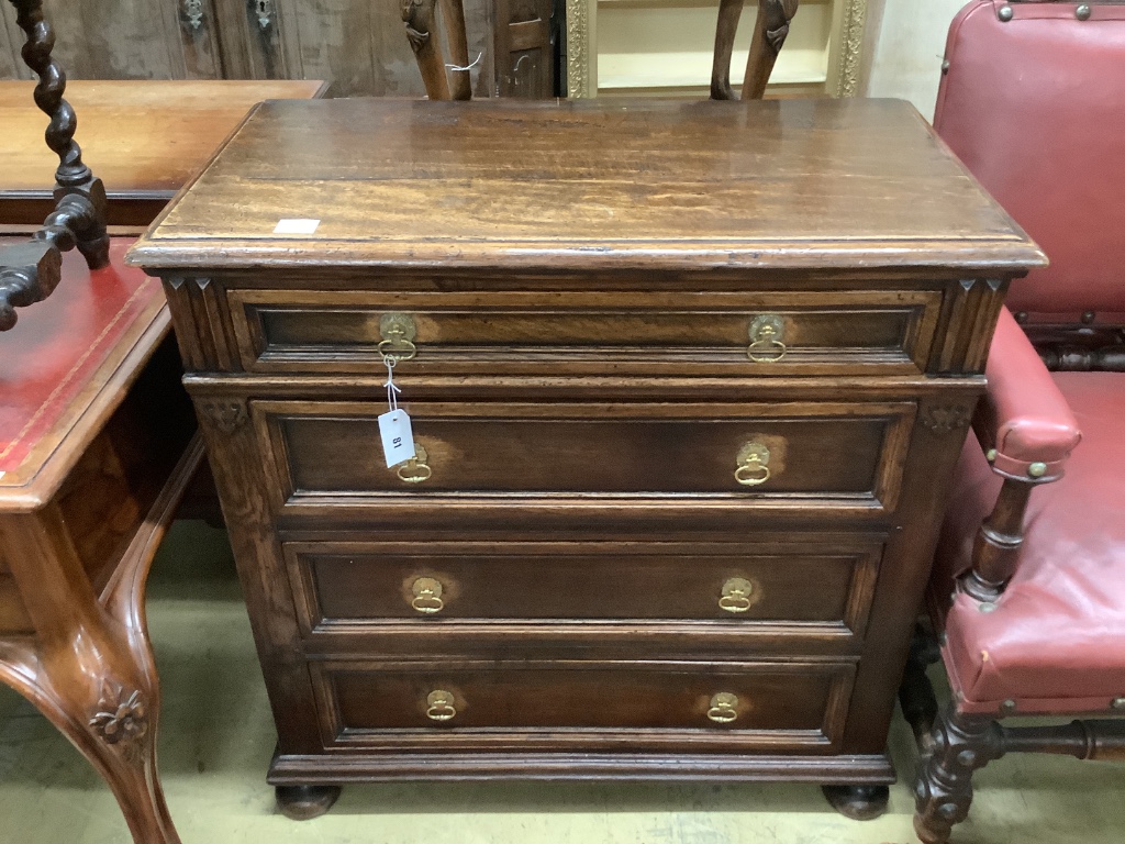 A 17th century style oak chest of four drawers, width 91cm, depth 48cm, height 91cm